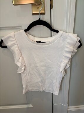 Zara White Ruffle Sleeve Ribbed Crop Top